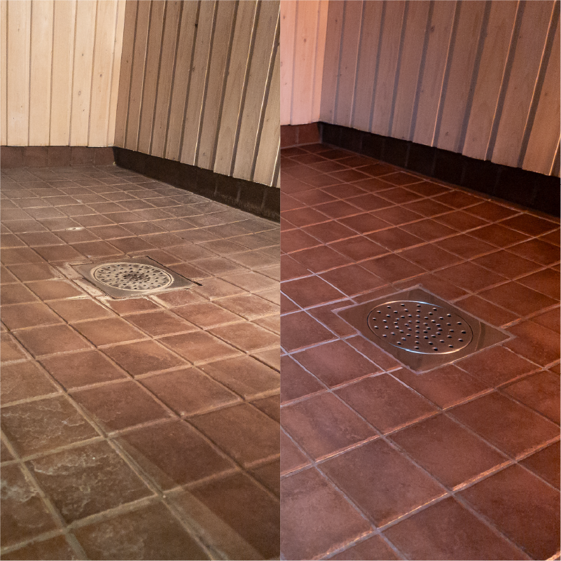 Saunan lattialaatat ja saumat ennen ja jälkeen Kymppipinnan syväpuhdistuksen ja nanopinnoituksen