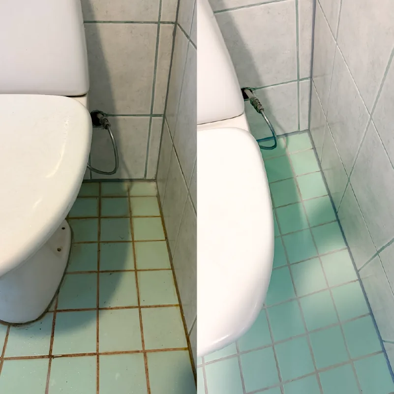 WC:n lattialaatat ja saumat puhtaina ennen ja jälkeen Kymppipinnan syväpuhdistuksen ja nanopinnoituksen